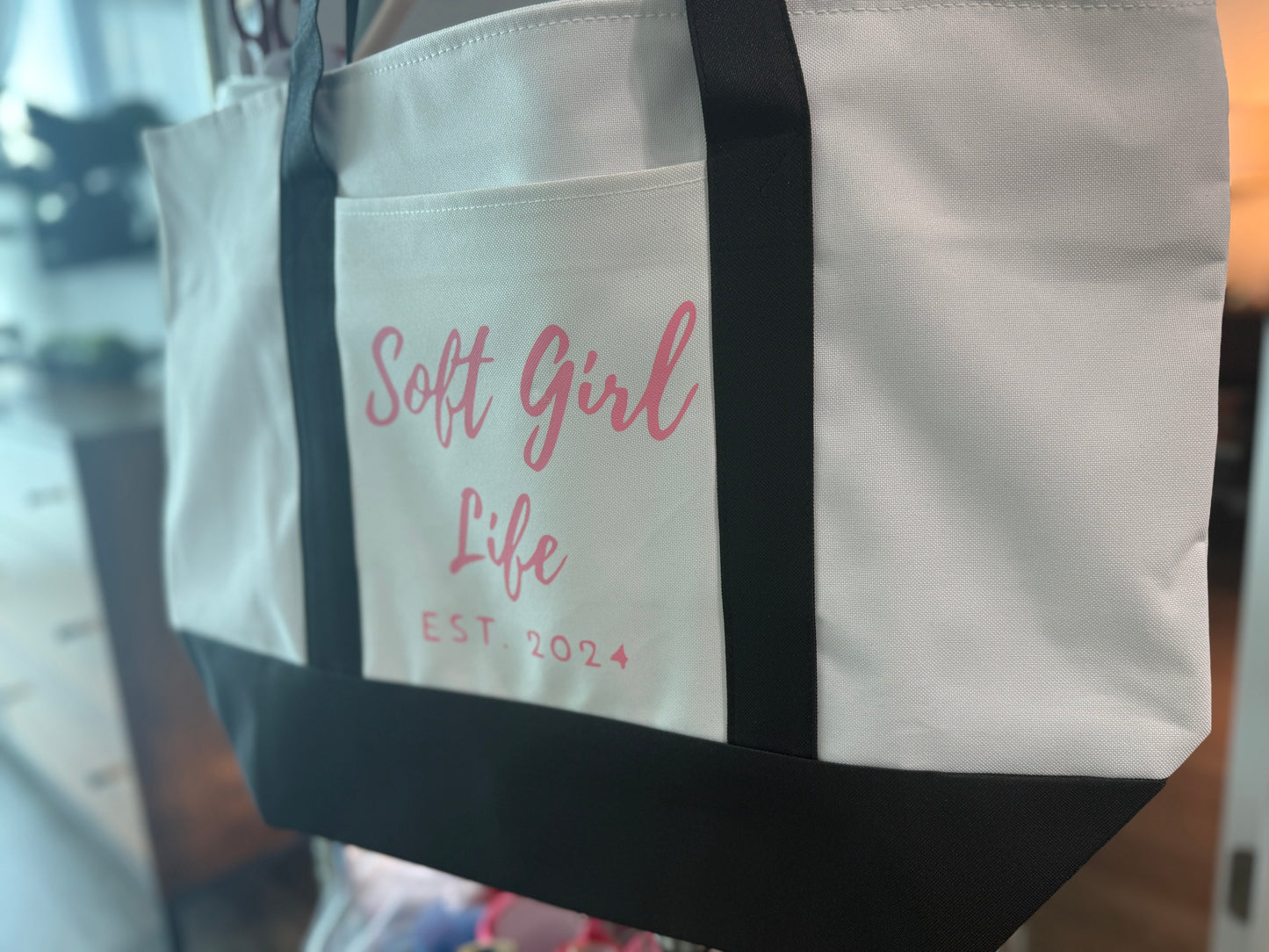 Soft Girl Life Zipper Tote – White/Pink/Black 🌸
