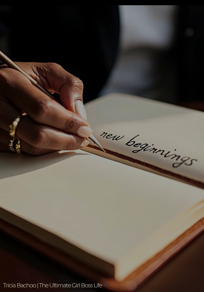 Faceless woman writing ānew beginningsā in journal ā healing, reflection, Still I Rise book theme