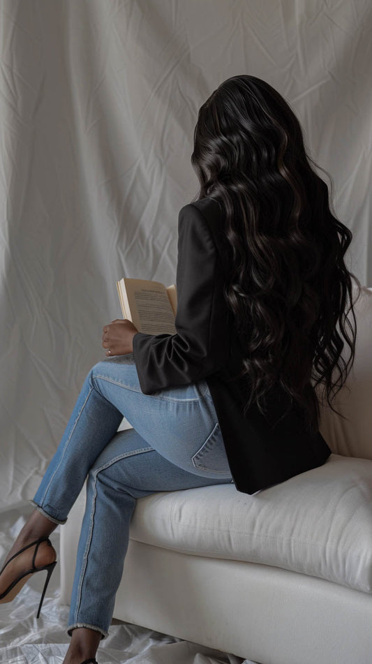 Woman in a quiet moment of reflection, reading and reconnecting with herself in a calm, peaceful setting