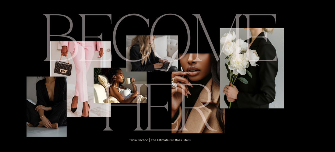 Soft-life collage with bold ‘BECOME HER’ typography, encouraging women to join Tricia Bachoo’s healing and glow-up challenge inside the Facebook group.”  This one feels elevated + inviting AND includes your name for authority.