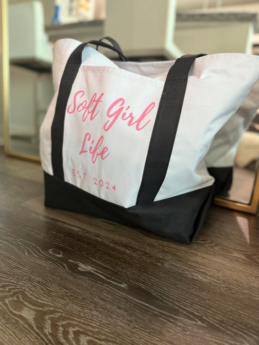 Soft Girl Life Zipper Tote – White/Pink/Black 🌸