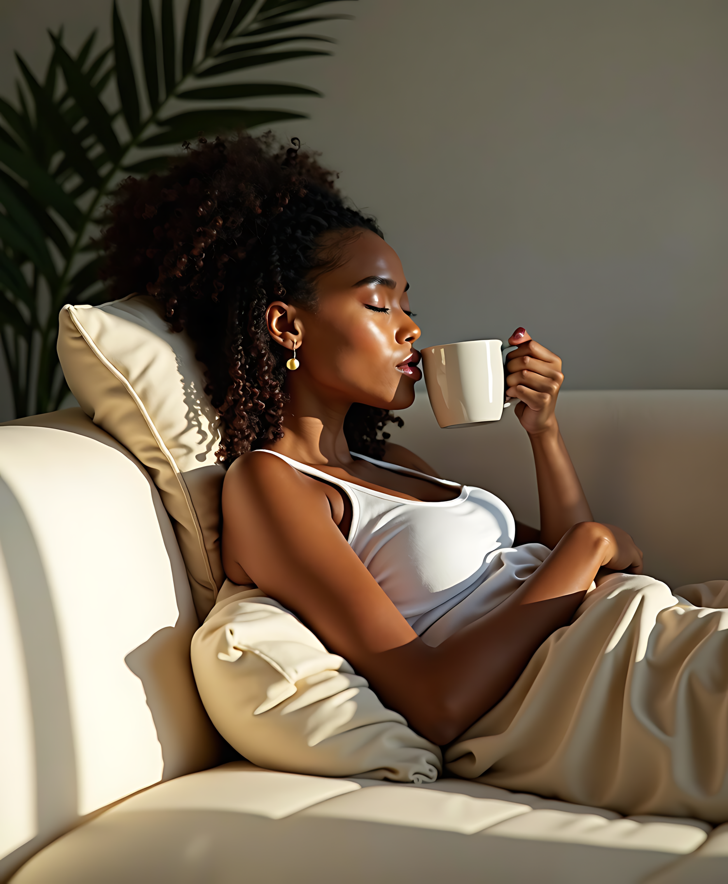 Woman sitting on a couch drinking from a mug with a plant in the background
