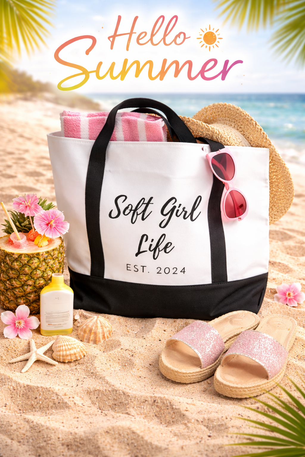 Beach scene with a tote bag labeled 'Soft Girl Life EST. 2024', sunglasses, and beach accessories on sand with 'Hello Summer' text and beach elements.